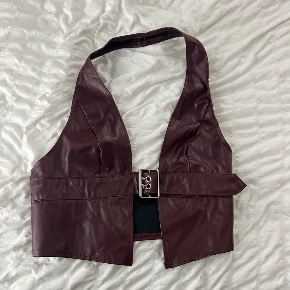 Burgundy Halter Leather Vest with Buckle